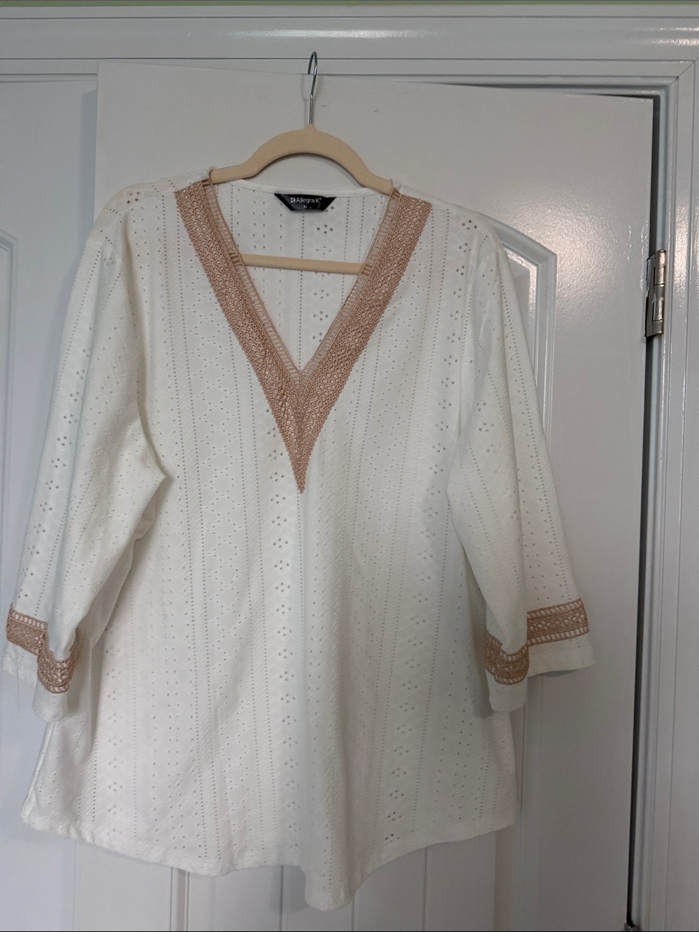 Allegra K White Eyelet V-Neck Blouse with Tan Crochet Trim